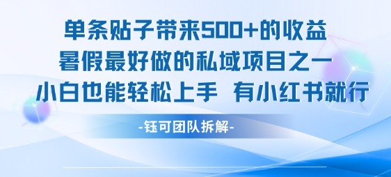 单条贴子带来5张的收益，暑假最好做的私域项目之一，小白也能轻松上手，有小红书就行-大叔网创联盟