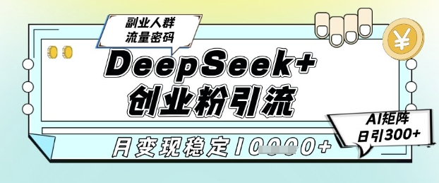 DeepSeek+创业粉精准引流，全新分享课4.0玩法，AI矩阵日引300+，多种变现方式，稳定月入1W-大叔网创联盟