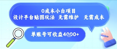 0成本小白项目，设计平台贴图玩法，无需维护，无需成本，单账号单月可产生收益4k+-大叔网创联盟