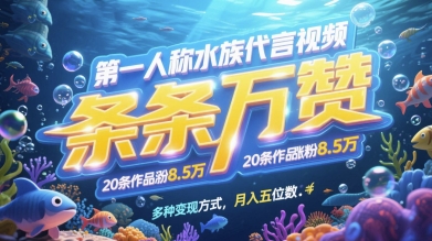 第一人称水族代言视频，条条万赞，20条作品涨粉7.8W，多种变现方式月入五位数-大叔网创联盟