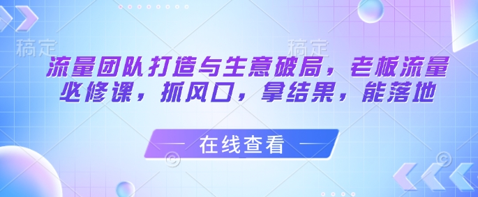 流量团队打造与生意破局，老板流量必修课，抓风口，拿结果，能落地-大叔网创联盟
