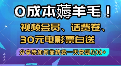 0成本薅羊毛!视频会员、话费卷、30元电影票白送，分享我如何靠转卖一天变现5张+【揭秘】-大叔网创联盟