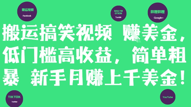 搬运搞笑视频挣美金，低门槛高收益，简单粗暴新手月入上千美刀-大叔网创联盟