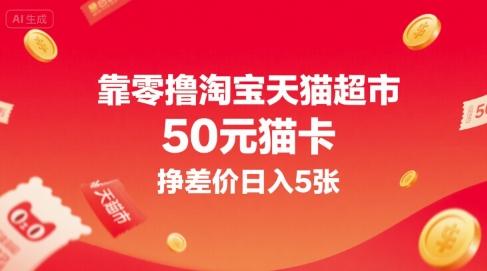 靠零撸淘宝天猫超市50元猫卡，挣差价日入5张-大叔网创联盟